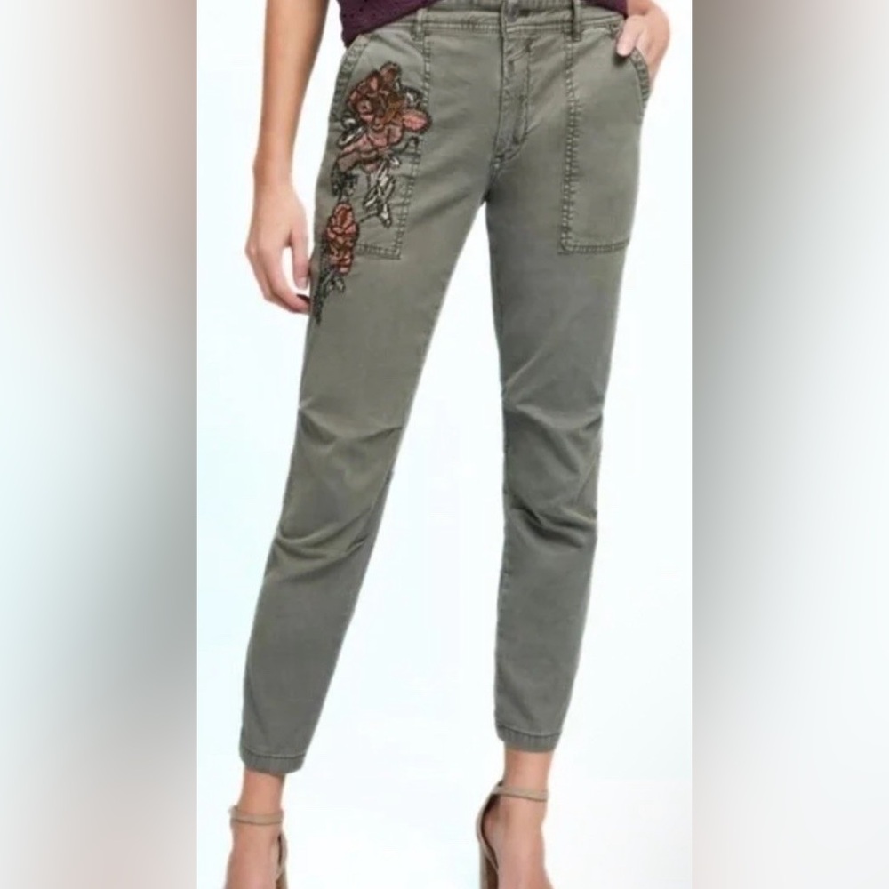 Anthropologie Olive Embroidered Pants